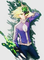  1boy blonde_hair calem_(pokemon) commentary_request denim green_eyes grey_background highres jacket jeans looking_at_viewer male_focus one_eye_covered pants pokemon pokemon_(creature) pokemon_xy purple_jacket raw_gummy simple_background solo standing transformation twitter_username zipper zygarde zygarde_(complete) 