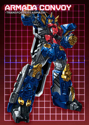  1boy autobot character_name clenched_hand commentary_request convoy_(armada) full_body grid grid_background headgear looking_at_viewer machinery mecha no_humans optimus_prime paintedmike photoshop_(medium) red_background red_eyes robot solo transformers transformers_armada transformers_unicron_trilogy 