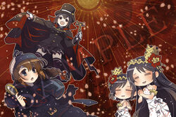  4girls =_= akitsu_maru_(kancolle) alternate_costume black_hair brown_hair cape cherry_blossoms commentary_request cosplay detective flower fusou_(kancolle) hair_flower hair_ornament hat kantai_collection kazami_miki magnifying_glass multiple_girls own_hands_clasped own_hands_together remodel_(kantai_collection) sample_watermark sherlock_holmes sherlock_holmes_(cosplay) shigure_(kancolle) the_adventures_of_sherlock_holmes top_hat watermark yamashiro_(kancolle) 