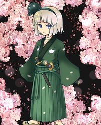  adapted_costume blue_eyes cherry_blossoms commentary_request female flat_chest frown geta green_hairband green_hakama grey_hair hair_ribbon hairband hakama hakama_skirt japanese_clothes kimono konpaku_youmu orinpachu ribbon scar scar_across_eye scar_on_face serious sheath sheathed short_hair skirt sleeves_past_wrists solo sword touhou wakizashi weapon 