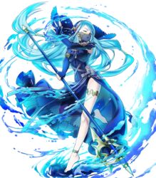  asymmetrical_legwear axe azura_(fire_emblem) azura_(performing_arts)_(fire_emblem) bare_shoulders barefoot battle_axe breasts closed_eyes commentary_request dress female fingerless_gloves fire_emblem fire_emblem_fates fire_emblem_heroes full_body gloves highres holding holding_weapon kaya8 leg_up long_hair medium_breasts official_art open_mouth pantyhose polearm see-through single_leg_pantyhose skirt solo thigh_strap transparent_background uneven_legwear veil very_long_hair weapon 