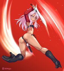  arm_up armpits ass black_panties boots chloe_von_einzbern commentary_request dark-skinned_female dark_skin dual_wielding fate/kaleid_liner_prisma_illya fate_(series) female full_body high_heel_boots high_heels highres holding holding_sword holding_weapon isemagu kanshou_&amp;_bakuya_(fate) long_hair looking_at_viewer looking_back open_mouth panties pink_hair red_eyes solo sword underwear weapon 