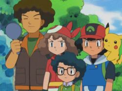  3boys afro age_difference animated animated black_hair blue_eyes brown_hair female frown haruka_(pokemon) hat height_difference lowres masato_(pokemon) multiple_boys pikachu pokemon pokemon_(anime) satoshi_(pokemon) takeshi_(pokemon) 