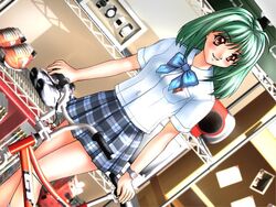  ahoge bangs bicycle blue_bow blush bow brown_eyes cherry_boy_innocent_girl collared_shirt dutch_angle female game_cg green_hair indoors joy_ride libido long_hair looking_to_the_side miniskirt parted_lips plaid plaid_skirt pleated_skirt school_uniform shirt short_sleeves skirt smile white_shirt 