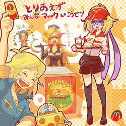  1boy 3girls arm_up bandana blonde_hair closed_eyes commentary_request domino_mask doronjo elbow_gloves employee_uniform fast_food gloves green_eyes heart jumpsuit kaminari_ai mask mcdonald&#039;s multiple_girls omotchama robot smile spoken_heart takada_gan thighhighs ticket time_bokan_(series) tray uniform visor_cap yatterman yuimaru 