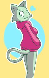  anthro biped bottomless clothed clothing convenient_censorship domestic_cat eyebrows felid feline felis female fur green_body green_fur heart_symbol hoodie looking_at_viewer looking_back mammal melina_(nekuzx) nekuzx one_eye_closed simple_background slim smile solo standing tail tail_censorship topwear wink yellow_background 