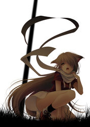  animal_ears bad_id bad_pixiv_id banned_artist blonde_hair brown_eyes dog_ears from_below from_ground grass hair_over_one_eye kneeling long_hair nacht open_mouth original scarf skirt solo very_long_hair 