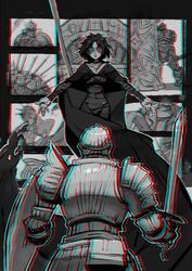  adjudicator anaglyph armor bandages cape choker chromatic_aberration commentary_request demon&#039;s_souls female fool&#039;s_idol full_armor kinuko_(kinucakes) knight maiden_in_black monochrome no_eyes outstretched_arms penetrator_(demon&#039;s_souls) phalanx_(demon&#039;s_souls) shield short_hair slayer_of_demons solo_focus sword tower_knight weapon 