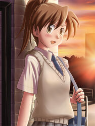  bag blazer blush brown_eyes brown_hair commentary_request female jacket lielos original poniko_(lielos) ponytail school_bag school_uniform solo sunset 