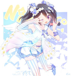  ;d \m/ black_hair blue_theme commentary_request ein_(long_cake) elbow_gloves female flower gloves hair_flower hair_ornament hair_ribbon idol love_live! love_live!_school_idol_project microphone one_eye_closed open_mouth red_eyes ribbon sailor_collar single_elbow_glove smile solo striped_clothes striped_gloves striped_thighhighs thighhighs twintails vertical-striped_clothes vertical-striped_thighhighs yazawa_nico 