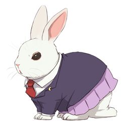  :&lt; animal animal_focus animalization black_eyes blazer closed_mouth clothed_animal commentary_request crescent crescent_pin full_body ito_(itokayu) jacket long_sleeves necktie no_humans partial_commentary pink_skirt pleated_skirt rabbit red_necktie reisen_udongein_inaba reisen_udongein_inaba_(bunny) school_uniform simple_background skirt touhou whiskers white_background white_fur wing_collar 