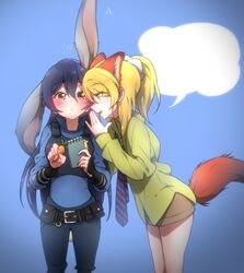  2girls :&lt; animal_ears ayase_eli blank_speech_bubble blonde_hair blue_eyes blue_hair blush brown_eyes bulletproof_vest carrot chestnut_mouth commentary cosplay fox_ears fox_tail futonchan green_shirt highres judy_hopps judy_hopps_(cosplay) love_live! love_live!_school_idol_project marriage_proposal multiple_girls necktie nick_wilde nick_wilde_(cosplay) notebook pen police police_uniform policewoman rabbit_ears rabbit_tail shirt sonoda_umi speech_bubble tail uniform whispering yuri zootopia 