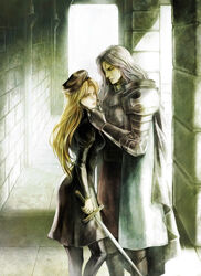  1boy armor blonde_hair catiua_powell commentary_request couple female grabbing_another&#039;s_chin hand_on_another&#039;s_chin hat highres lans_tartare long_hair silver_hair straight sword tactics_ogre tetra_takamine weapon 