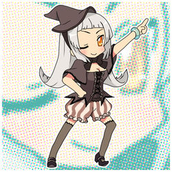  bloomers bokujou_monogatari bokujou_monogatari:_waku_waku_animal_march bracelet commentary_request female hand_on_own_hip hat hatuki325 jewelry long_hair one_eye_closed orange_eyes saturday_night_fever silver_hair smile solo thighhighs underwear witch witch-sama_(bokujou_monogatari_wwam) witch_hat zoom_layer 