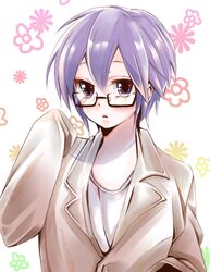  bad_id bad_pixiv_id black_eyes coat female glasses kei_(mstjtu) nagato_yuki oversized_clothes purple_eyes purple_hair short_hair sleeves_past_fingers sleeves_past_wrists solo suzumiya_haruhi_no_yuuutsu undershirt 