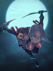  ass blue_eyes blue_hair breasts cleavage commentary_request covered_nipples female gloves glowing glowing_eyes highres large_breasts leaning_forward night ninja original otacool photoshop_(medium) sethxzoe solo sword weapon 