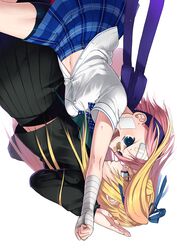  2girls arm_wrap bad_id bad_pixiv_id bandages bandaid bandaid_on_face bandaid_on_nose bike_shorts blonde_hair blue_eyes green_eyes hair_ribbon hairband highres long_hair momo_uzura multiple_girls navel original pink_hair ribbon school_uniform short_hair skirt twintails upside-down 