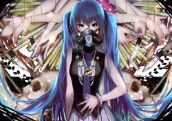  aqua_hair arm_behind_back artist_name black_nails black_shirt blurry blush commentary_request cuffs depth_of_field extra_arms female gas_mask hair_between_eyes hand_gesture handcuffs hatsune_miku head_tilt heart heart_necklace highres hona_(platinum_egg) jewelry knife long_hair looking_at_viewer mask nail_polish necklace necktie out_of_frame pleated_skirt purple_necktie reversible_campaign_(vocaloid) shirt skirt skull sleeveless sleeveless_shirt solo_focus star_(symbol) star_print string string_of_fate twintails very_long_hair vocaloid white_skirt yellow_eyes 