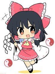  ascot black_footwear black_hair blush bow brown_eyes chibi detached_sleeves female full_body hair_tubes hairbow hakurei_reimu highres mary_janes medium_hair open_mouth orb ramudia_(lamyun) red_bow red_shirt red_skirt ribbon-trimmed_sleeves ribbon_trim shirt shoes sidelocks simple_background skirt skirt_set socks solo touhou white_background white_socks wide_sleeves yellow_ascot yin_yang yin_yang_orb 