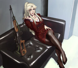  azasuke balalaika_(black_lagoon) black_lagoon blonde_hair breasts burn_scar cleavage couch crossed_legs dragunov_svd female green_eyes gun high_heels highres large_breasts lipstick long_hair makeup mole mole_under_eye pantyhose parted_lips ponytail red_lips red_nails red_skirt revision rifle scar sidelocks sitting skirt smile sniper_rifle solo twitter_username weapon 