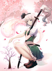  bad_id bad_pixiv_id black_hairband blue_eyes bob_cut bobby_socks branch breasts brown_footwear cherry_blossoms closed_mouth commentary_request female frilled_skirt frilled_sleeves frills full_body ghost gradient_background grey_hair hairband hand_on_own_chest highres hitodama hitodama_print ju-ok katana konpaku_youmu lips loafers looking_at_viewer mary_janes medium_breasts petals pink_background scabbard sheath shoes short_hair skirt skirt_set smile socks solo squatting sword touhou tree vest wakizashi weapon white_sleeves white_socks 