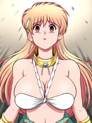  bare_shoulders bra breasts cleavage dragon_quest dragon_quest_dai_no_daibouken dress earrings female gauntlets gem gold_choker hair_ornament highres jewelry large_breasts lento_(glamour_works) long_hair navel open_mouth orange_eyes pink_hair princess_leona scared shiny_skin solo stomach torn_clothes torn_dress underwear upper_body white_bra 