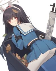  animal_ears bird black_gloves black_hair blue_archive blue_serafuku blush bolt_action breasts fake_animal_ears female gloves gun halo kildir leaf leaf_on_head long_hair long_sleeves looking_at_viewer midriff_peek miyu_(blue_archive) mosin-nagant pantyhose rabbit_ears rifle school_uniform serafuku shoe_print small_breasts solo thighs trash_can weapon 