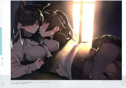  2girls absurdres atago_(azur_lane) atago_(school_traumerei)_(azur_lane) azur_lane black_hair black_pantyhose blush hair_ribbon hairband highres hug long_hair mole mole_under_eye multiple_girls official_alternate_costume pantyhose photoshop_(medium) pleated_skirt ribbon rolua school_uniform serafuku skirt sleeves_past_wrists takao_(azur_lane) takao_(school_romanza)_(azur_lane) thighband_pantyhose yellow_eyes yuri 