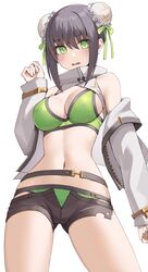  absurdres bare_shoulders belt bikini black_hair black_shorts breasts bun_cover cleavage collarbone double_bun fate/grand_order fate_(series) female green_bikini green_eyes green_ribbons hair_bun hair_ribbon highres jacket kopaka_(karda_nui) large_breasts long_sleeves looking_at_viewer navel open_clothes open_jacket open_mouth qin_liangyu_(chainsaw_of_the_dead)_(fate) qin_liangyu_(fate) ribbon short_shorts shorts sidelocks solo swimsuit thighs white_jacket 