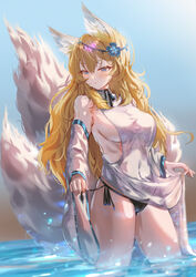  animal_ears bare_shoulders bikini black_bikini blonde_hair blue_eyes blue_flower blue_sky breasts closed_mouth clothes_lift commentary_request commission cowboy_shot day detached_sleeves dress dress_lift female flower fox_ears fox_girl fox_tail hair_flower hair_ornament highres large_breasts large_tail lifting_own_clothes long_hair long_sleeves looking_at_viewer multiple_tails original outdoors shuru_y side-tie_bikini_bottom sideboob skeb_commission sky smile solo swimsuit tail wading water white_dress 