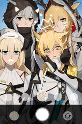  4girls absurdres animal_ears antlers arknights bad_id bad_pixiv_id blonde_hair deer_antlers deer_ears deer_girl demon_girl demon_horns face_filter face_grab fake_facial_hair fake_mustache group_picture head_rub highres hood horns horse_ears horse_girl multiple_girls nearl_(arknights) nearl_the_radiant_knight_(arknights) nightingale_(arknights) shining_(arknights) viviana_(arknights) yuri zwa 