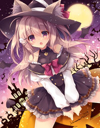  ahoge animal_ear_fluff animal_ears bat_(animal) bat_wings black_dress blonde_hair blush bow breasts cat_ears cloud cloudy_sky collarbone demon_tail dress feet_out_of_frame female frilled_dress frills hair_ornament hairclip halloween halterneck hat highres jack-o&#039;-lantern juliet_sleeves large_breasts long_hair long_sleeves looking_at_viewer moon nanaroba_hana night night_sky off_shoulder open_mouth original puffy_sleeves purple_eyes red_bow sky solo tail wings witch_hat 