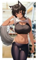  animal_ear_fluff animal_ears ass_visible_through_thighs black_hair black_pants black_sports_bra blurry bottle breasts clothes_lift commentary_request cowboy_shot crop_top dark-skinned_female dark_skin depth_of_field extra_ears female gym gym_pants hair_between_eyes head_tilt highres holding holding_bottle hoshoku_club indoors large_breasts looking_at_viewer midriff navel oogami_itsuki_(takunomi) open_mouth outside_border pants plastic_bottle red_eyes shirt shirt_lift short_hair sleeveless solo sports_bra sweat tail tail_raised takunomi tan tank_top thigh_gap thighs water_bottle white_shirt wolf_ears wolf_girl wolf_tail yoga_pants 