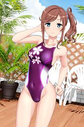  absurdres bad_id bad_pixiv_id blue_eyes blue_sky breasts brown_hair chair cloud competition_swimsuit covered_navel day female floral_print hair_ornament hair_scrunchie high_school_fleet highleg highleg_swimsuit highres ise_sakura long_hair looking_at_viewer medium_breasts multicolored_clothes multicolored_swimsuit one-piece_swimsuit outdoors plant potted_plant purple_one-piece_swimsuit scrunchie side_ponytail sky solo standing swimsuit takafumi variant_set 