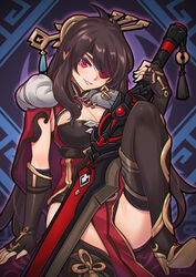  beidou_(genshin_impact) blackcliff_slasher_(genshin_impact) breasts brown_hair cleavage detached_sleeves eyepatch female fingerless_gloves genshin_impact gloves gold_trim hair_ornament hairpin high_heels holding holding_sword holding_weapon kaizeru knee_up large_breasts long_hair open_mouth pirate red_eyes sidelocks sitting smile solo sword tassel teeth thighhighs very_long_hair weapon 