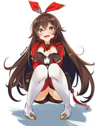  absurdres amber_(genshin_impact) ass blush boots bow breasts brown_eyes brown_gloves brown_hair brown_shorts crossed_bangs female genshin_impact gloves hairbow highres long_hair long_sleeves looking_at_viewer open_mouth ragnaveldt red_ribbon red_thighhighs ribbon short_shorts shorts simple_background solo squatting thigh_boots thighhighs very_long_hair white_background 