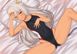  absurdres armpits bare_shoulders black_one-piece_swimsuit blush breasts collarbone commentary_request competition_swimsuit covered_navel dark-skinned_female dark_skin dragon_girl dragon_horns dragon_tail enjo_kouhai female fingernails grey_hair hair_intakes highres horns long_hair looking_at_viewer lying nail_polish on_back one-piece_swimsuit red_eyes red_nails red_one-piece_swimsuit sharp_fingernails small_breasts smile solo spread_legs swimsuit tail takunomi tongue tongue_out ursula_(takunomi) white_one-piece_swimsuit 