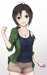  :d antenna_hair black_eyes breasts brown_shorts clenched_hand collarbone commentary female gradient_background green_shirt hair_between_eyes highres idolmaster idolmaster_(classic) idolmaster_2 jewelry kikuchi_makoto light_blush looking_at_viewer mogskg necklace open_clothes open_mouth open_shirt pendant shirt short_hair shorts sleeves_rolled_up small_breasts smile solo standing symbol-only_commentary tank_top 