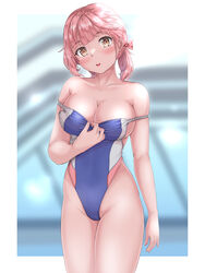  blurry blurry_background breasts cleavage clothes_pull commentary_request competition_swimsuit cowboy_shot female head_tilt highleg highleg_swimsuit highres large_breasts mashinatsu multicolored_clothes multicolored_swimsuit one-piece_swimsuit one-piece_swimsuit_pull original pink_hair rei_no_pool short_hair solo standing swimsuit yellow_eyes 