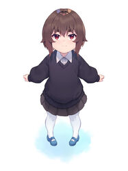  aged_down brown_hair female full_body highres hoshinomiya_nayuki kimi_tsuru lolicon miniskirt original pout red_eyes short_hair skirt solo standing sweater thick_eyebrows tsurime white_background 