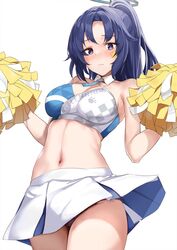  bare_shoulders black_eyes black_hair black_panties blue_archive blush breasts cheerleader cleavage closed_mouth cosplay cowboy_shot crop_top female halo hibiki_(blue_archive) hibiki_(blue_archive)_(cosplay) hibiki_(cheer_squad)_(blue_archive) highres holding holding_pom_poms large_breasts long_hair looking_at_viewer midriff millennium_cheerleader_outfit_(blue_archive) miniskirt navel osterei paid_reward_available panties pantyshot pom_pom_(cheerleading) ponytail short_hair simple_background skirt sleeveless solo standing star_(symbol) stomach underwear white_background white_skirt yuuka_(blue_archive) 