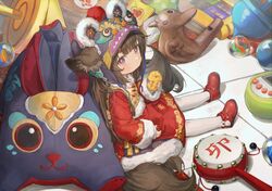  amagi-chan_(azur_lane) animal animal_ears animal_hood azur_lane bird brown_hair chick chinese_clothes douya_(233) dress drum eyeliner female fox_ears fox_girl fox_tail full_body fur-trimmed_dress fur-trimmed_sleeves fur_trim holding holding_animal hongbao hood instrument looking_at_viewer makeup manjuu_(azur_lane) marble_(toy) multiple_tails pantyhose rattle_drum red_dress red_footwear sitting spinning_top stuffed_animal stuffed_toy tail tamagotchi tamagotchi_(virtual_pet) thick_eyebrows tile_floor tiles toy vest whistle white_pantyhose yellow_vest 