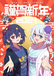  2021 3girls airbo akeome animal_costume blue_eyes blue_hair blue_kimono canine commentary cow_costume earrings egasumi furisode gesture hair_ornament hair_ribbon haori happy_new_year highres japanese_clothes jewelry kimono konno_junko long_hair looking_at_viewer low_twintails mizuno_ai multiple_girls nengajou new_year obi open_mouth pink_ribbon red_eyes ribbon rising_sun_flag romero_(zombie_land_saga) sash short_hair side-by-side smile somasoutaro standing sunburst sunburst_background translated twintails white_hair yamada_tae zombie zombie_land_saga 