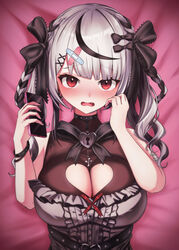  absurdres bandaid bandaid_hair_ornament belt black_belt black_bow black_dress black_hair black_nails bow breasts cellphone cleavage cleavage_cutout clothing_cutout dress drill_hair female frilled_dress frills grey_hair hair_ornament hairbow heart_belt heart_cutout highres holding holding_phone hololive kaiju_ryoku large_breasts looking_at_viewer lying medium_hair multicolored_hair nail_polish oerba_yun_fang official_alternate_costume on_back open_mouth phone red_eyes sakamata_chloe sakamata_chloe_(jirai_kei) sleeveless sleeveless_dress smartphone solo streaked_hair twin_drills virtual_youtuber x_hair_ornament 