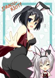  2girls :d absurdres alternate_costume animal_ears asagi_nanami ass black_hair black_leotard black_pantyhose blue_background blue_border blue_eyes blush border bow bowtie breast_hold breasts chibi chibi_inset cleavage closed_eyes collar commentary_request copyright_name cowboy_shot detached_collar dracu-riot! elena_olegovna_owen fake_animal_ears fake_tail flying_sweatdrops foreshortening from_behind furrowed_brow grey_hair hair_between_eyes hair_ornament hairclip highres leotard long_hair looking_at_viewer looking_back medium_hair mera_azusa motion_lines multiple_girls nose_blush official_alternate_costume one_side_up open_mouth pantyhose playboy_bunny rabbit_ears rabbit_tail red_bow red_bowtie side_ponytail small_breasts smile solo_focus standing strapless strapless_leotard tail tears thighs wavy_mouth white_collar white_wrist_cuffs wrist_cuffs 