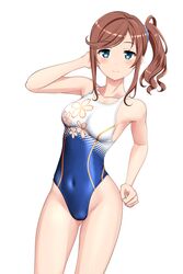  absurdres bad_id bad_pixiv_id blue_eyes breasts brown_hair competition_swimsuit covered_navel female floral_print hair_ornament hair_scrunchie high_school_fleet highleg highleg_swimsuit highres ise_sakura long_hair looking_at_viewer medium_breasts multicolored_clothes multicolored_swimsuit one-piece_swimsuit scrunchie side_ponytail simple_background solo standing swimsuit takafumi variant_set white_background 