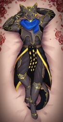  absurd_res anthro armor bed capcom condom dakimakura dakimakura_design flying_wyvern furniture hi_res hybrid knight lying male monster_hunter nargacuga on_back scarf seductive sexual_barrier_device silver_warrior08 solo vayhl&#039;ayne_(vahlyance) warrior 