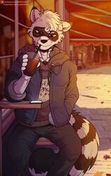  2023 afternoon anthro autumn beverage bottomwear cafe cellphone chill clothing coffee electronics fluffy hi_res hoodie jacket male mammal outside pants phone procyonid raccoon relaxing sitting smartphone solo spiritd street sun sunset text topwear url 