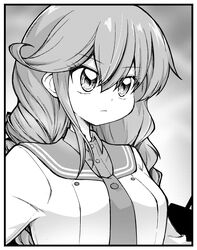  ataru_(ataru-littlebird) braid commentary_request dress_shirt female greyscale highres kantai_collection monochrome neckerchief noshiro_(kancolle) noshiro_kai_ni_(kancolle) sailor_collar school_uniform serafuku shirt solo swept_bangs twin_braids upper_body 