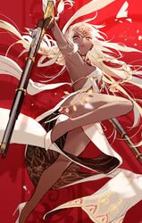  braid dark-skinned_female dark_skin dress fate/grand_order fate_(series) female gun high_heels highres lakshmibai_(fate) long_hair red_background rifle sakuramochi1003 signature solo twin_braids weapon white_dress white_hair 